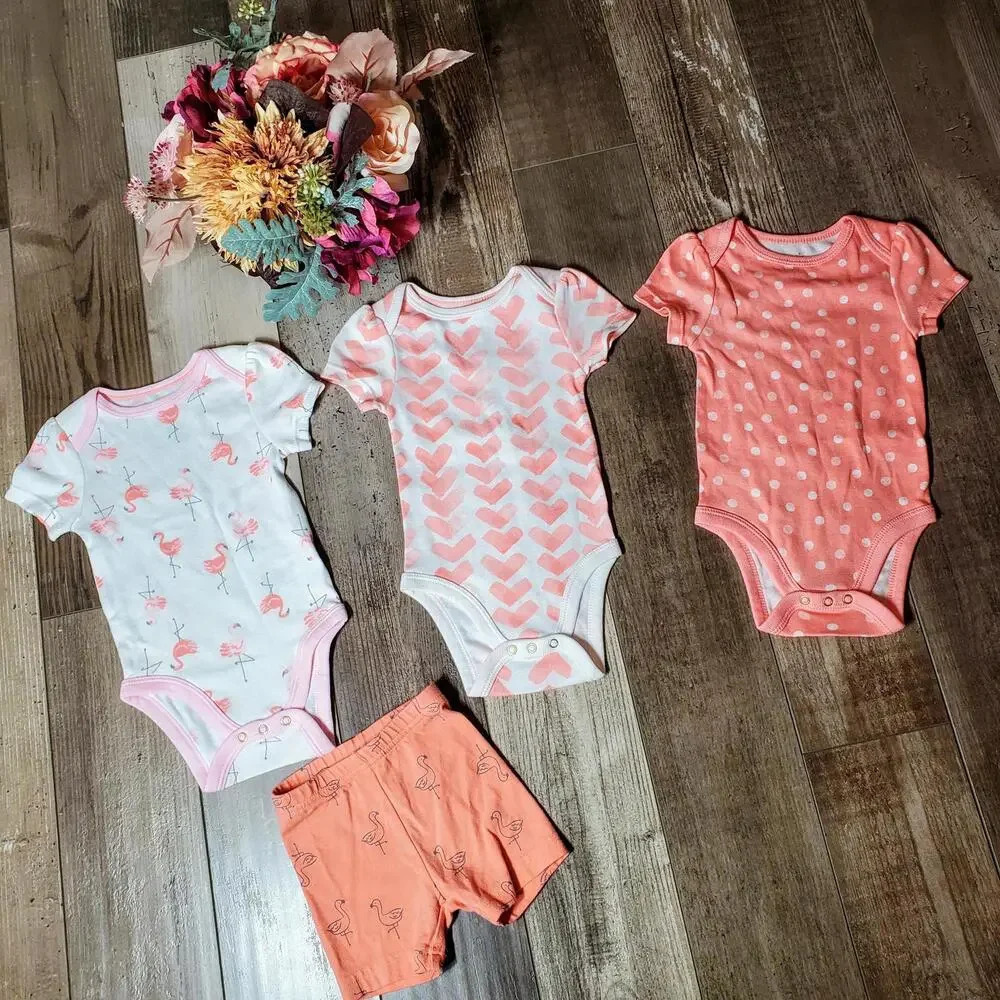 Cloud Island Baby Girl 4 Piece Flamingo Coral Pink Set Size 3-6M NWOT